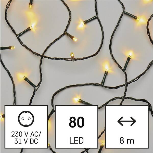 LED řetěz EMOS 80LED řetěz, 8 m, venkovní i vnitřní, teplá bílá, programy, časovač 

