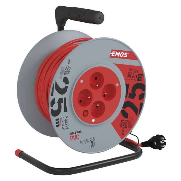 Kabel prodlužovací na bubnu EMOS 4x zásuvka, 25m červený

