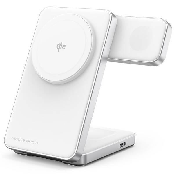 Bezdrátová nabíječka Mobile Origin Qi2 CompactStand 3in1 stříbrná barva
