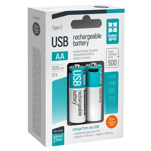 Baterie nabíjecí ColorWay AA 2200mAh, Li-Pol, USB-C, 1.5V, 6ks 


