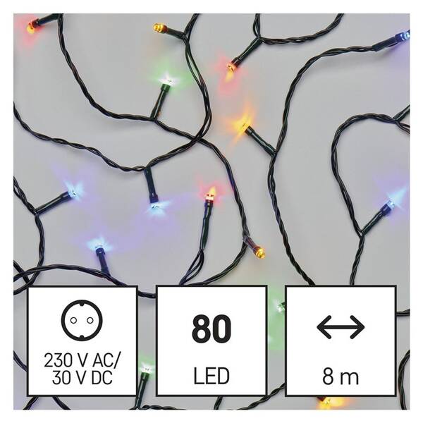 Vánoční osvětlení EMOS 80 LED řetěz, 8 m, venkovní i vnitřní, multicolor, časovač 

