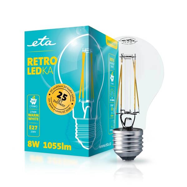 Žárovka LED ETA RETRO LEDka klasik filament 8W, E27, teplá bílá 

