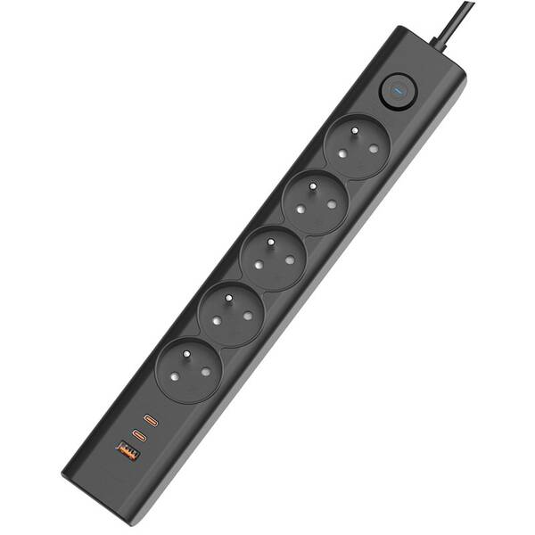 Kabel prodlužovací Viking 5× zásuvka, 1× USB, 2× USB-C, 1,5m černý

