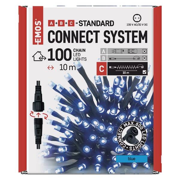 Spojovací řetěz EMOS 100 LED Standard, 10 m, venkovní i vnitřní, modrá, časovač 

