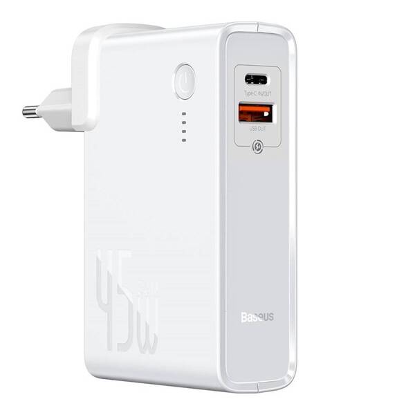 Nabíječka do sítě Baseus Power Station GaN 2v1 QC USB, USB-C a powerbanka 10000mAh 45W + USB-C kabel 1m bílá

