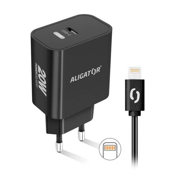 Nabíječka do sítě Aligator Power Delivery 20W, USB-C + kabel pro Apple černá barva

