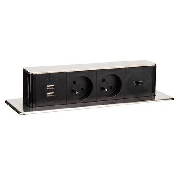 Kabel prodlužovací Solight výsuvný blok, 2x zásuvka, 2x USB, 1x HDMI, 1,9m stříbrný


