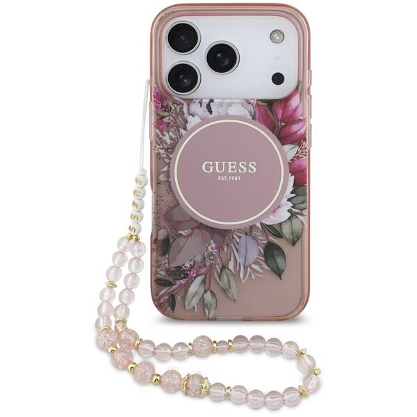 Kryt na mobil Guess IML Flowers Strap MagSafe na Apple iPhone 17 Pro růžový


