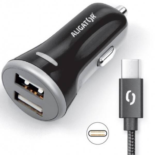 Adaptér do auta Aligator 2xUSB, smart IC, 3,4A + USB-C kabel černý

