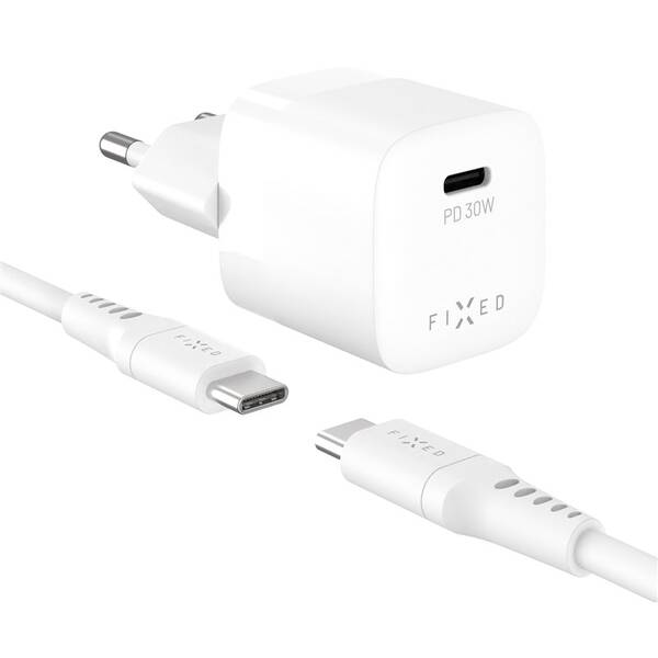 Nabíječka do sítě FIXED Mini GaN, PD 30W, 1xUSB-C + USB-C/USB-C kabel, 1,2m bílá

