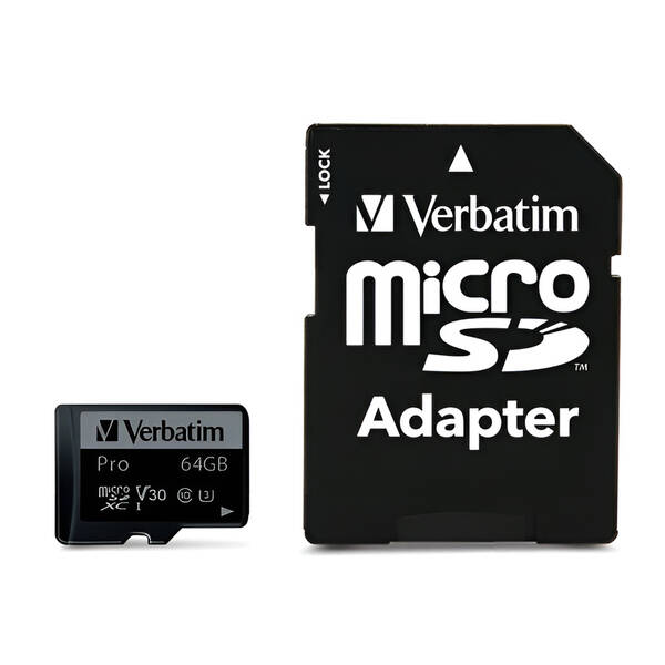 Paměťová karta Verbatim microSDXC 64GB UHS-I V30 U3 (90R/45W) + adaptér 

