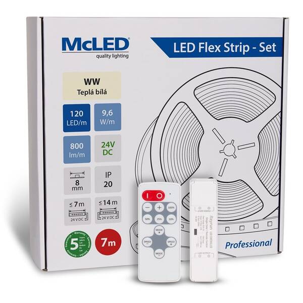 LED pásek McLED s ovládáním Nano - sada 7 m - Professional, 120 LED/m, WW, 800 lm/m, vodič 3 m 
