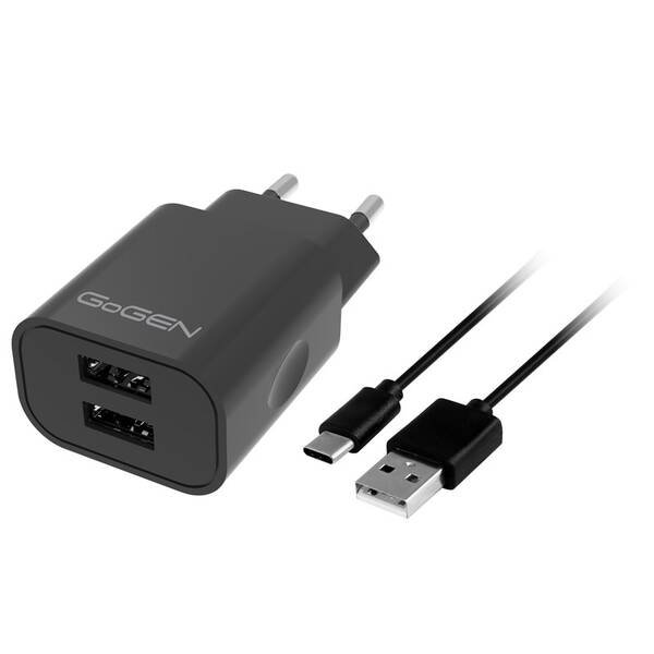 Nabíječka do sítě GoGEN ACH 205 C, 2x USB 2A, 10W + USB-C kabel 1m černá

