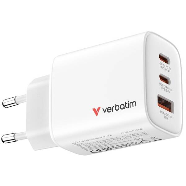 Nabíječka do sítě Verbatim Essentials 65W, 2×USB-C PD, 1×USB-A QC bílá

