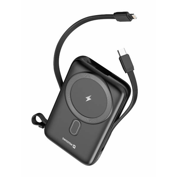 Powerbanka Swissten 10000 mAh, PD 20W s integrovanými kabely USB-C a Lightning (kompatibilní s MagSafe) černá

