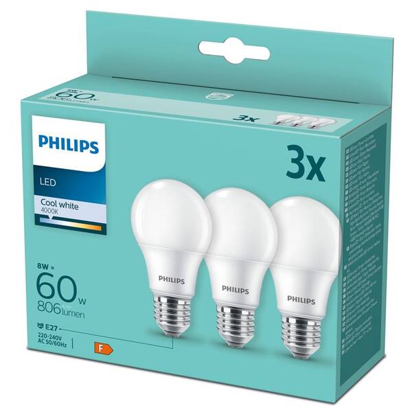 Žárovka LED Philips klasik, 8W, E27, studená bílá (3ks) 

