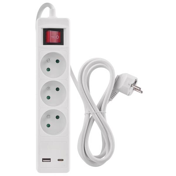 Kabel prodlužovací EMOS 3x zásuvka, 1×USB-A + 1×USB-C vypínač, 2m bílá barva
