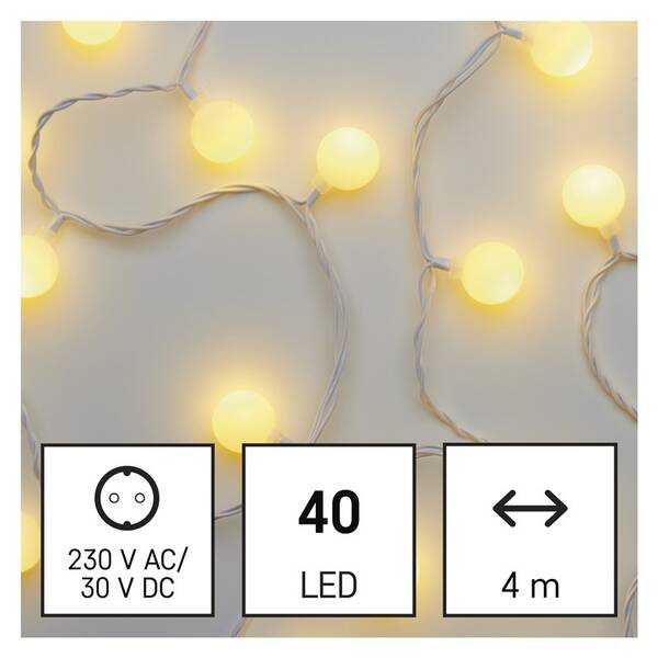 Vánoční osvětlení EMOS 40 LED cherry řetěz - kuličky 2,5 cm, 4 m, venkovní i vnitřní, teplá bílá, časovač 


