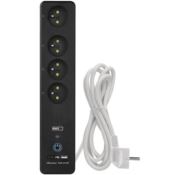 Kabel prodlužovací EMOS GoSmart 4x zásuvka, s vypínačem, USB a Wi-Fi, 2m černý/bílý

