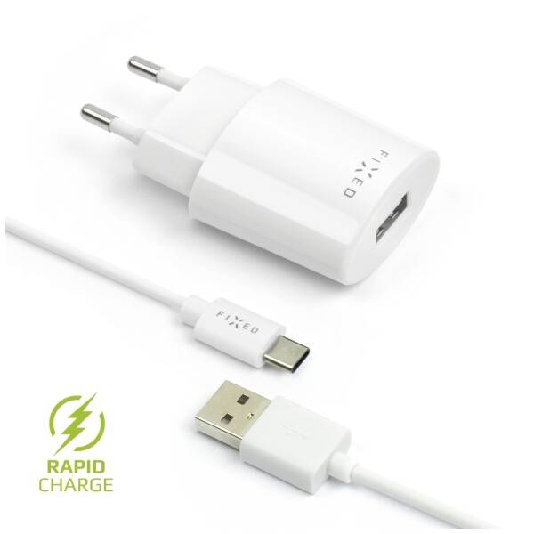 Nabíječka do sítě FIXED 1x USB, 2,4A + USB-C kabel bílá

