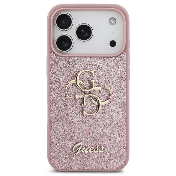 Kryt na mobil Guess Fixed Glitter 4G Metal Logo na Apple iPhone 18 Pro růžový

