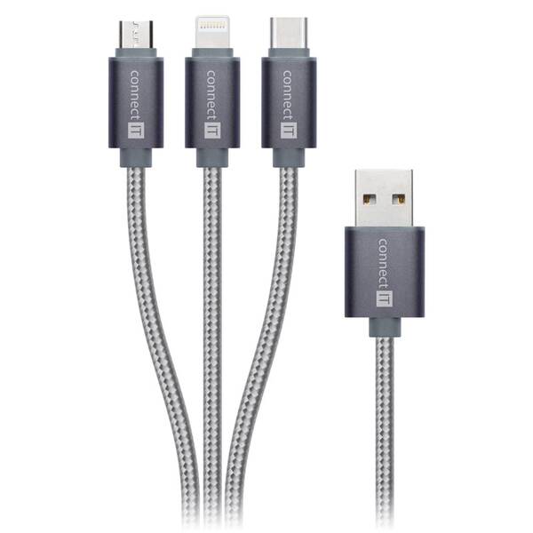 Kabel Connect IT Wirez 3in1 USB/USB-C + MicroUSB + Lightning, 1,2m stříbrný

