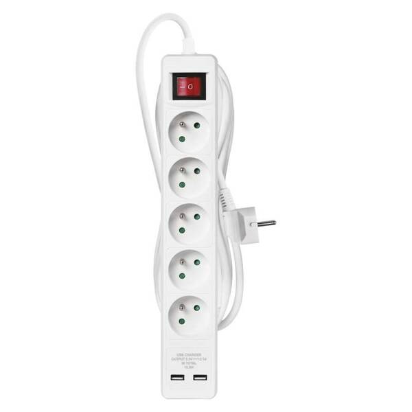 Kabel prodlužovací EMOS 5x zásuvka + 2x USB, 3m bílý

