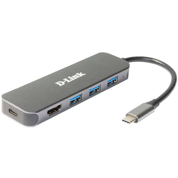 USB Hub D-Link 5v1 z USB-C na HDMI a funkcí Power Delivery šedá barva
