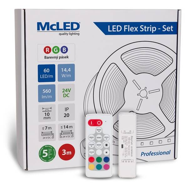 LED pásek McLED s ovládáním Nano - sada 3 m - Professional, 60 LED/m, RGB, 560 lm/m, vodič 3 m 

