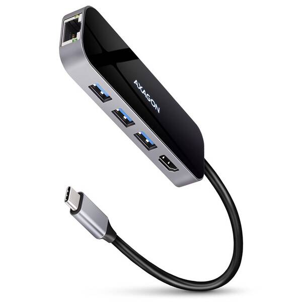 USB Hub Axagon USB 3.2 Gen 1 hub, 3x USB-A, HDMI 4k/60Hz, RJ-45 GLAN, PD 100W, kabel USB-C 20cm šedý

