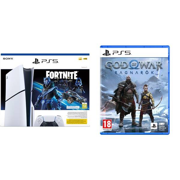Set výrobků Sony Herní konzole Sony PlayStation 5 (typ modelu - slim) Fortnite Bundle - bílá + Hra Sony PlayStation 5 God of War: Ragnarok 

