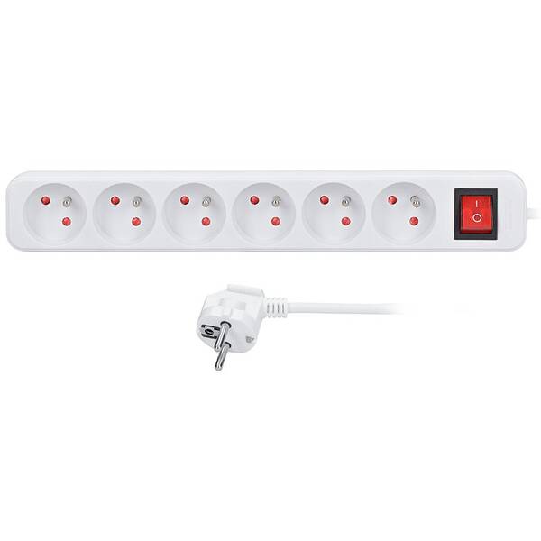 Kabel prodlužovací Solight 6 zásuvky, vypínač, 3 x 1.5mm2, 5 m bílý

