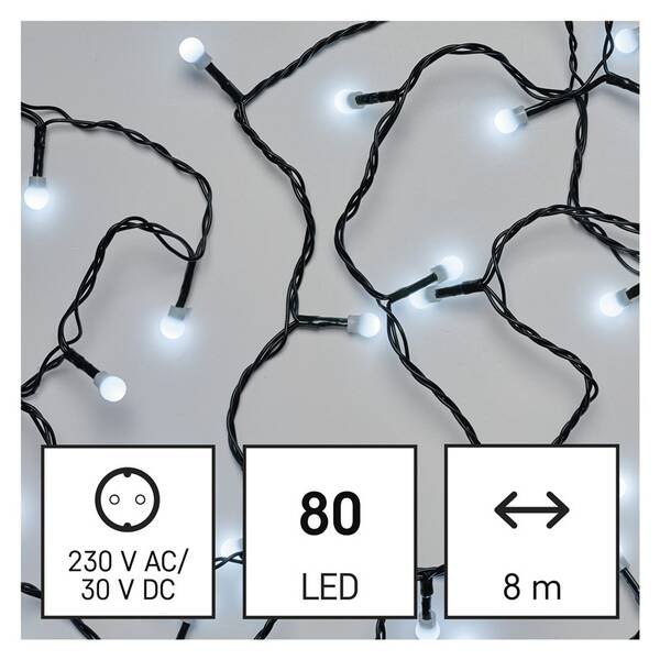 Vánoční osvětlení EMOS 80 LED cherry řetěz - kuličky, 8 m, venkovní i vnitřní, studená bílá, programy 

