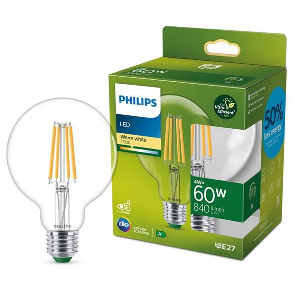 Žárovka LED Philips 60W, filament, G95, E27, teplá bílá 

