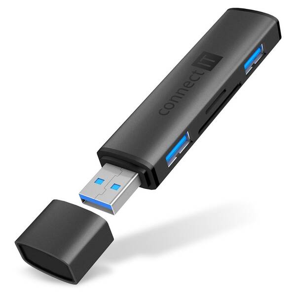 USB Hub Connect IT COMPACT 4v1 USB-A hub + čtečka karet, USB-A/ 2x USB-A 3.0, 1x SD, 1x MicroSD antracitová barva
