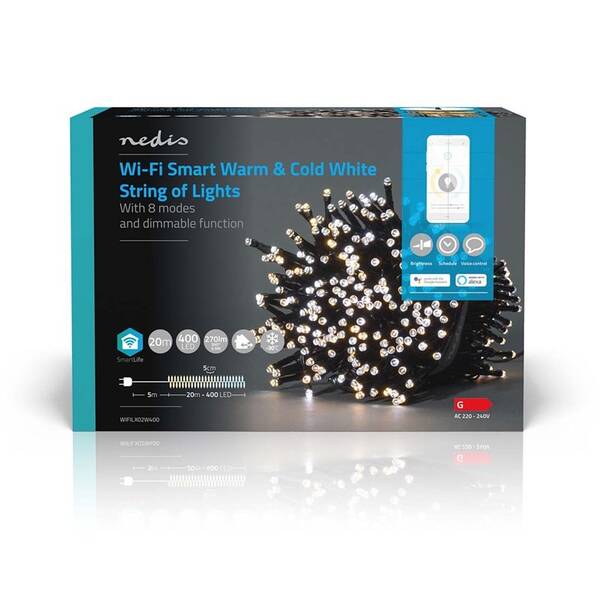 Vánoční osvětlení Nedis SmartLife LED, Wi-Fi, Teplá až studená bílá, 400 LED, 20 m, Android / IOS 

