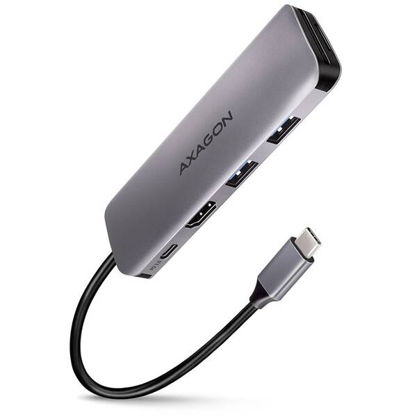 USB Hub Axagon USB 3.2 Gen 1 hub, 2x USB-A, HDMI, SD/microSD slot, PD 100W, kabel USB-C 20cm šedý

