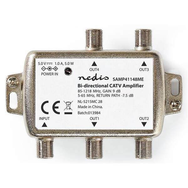 Zesilovač Nedis CATV, Max. zesílení 12 dB, 85-1218 MHz, 4 výstupy, zpětný kanál - 7,5 dB, 5-65 MHz, konektor F 

