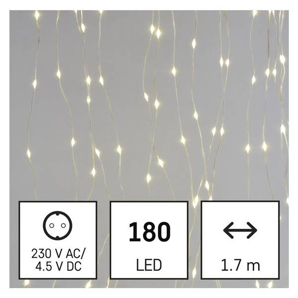 Vánoční osvětlení EMOS 180 LED drop řetěz – záclona, 1,7x1,5 m, venkovní i vnitřní, teplá bílá, programy 

