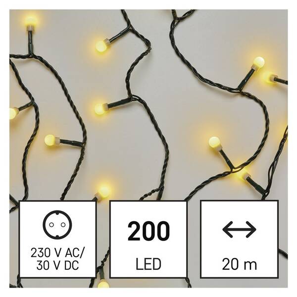 Vánoční osvětlení EMOS 200 LED cherry řetěz - kuličky, 20 m, venkovní i vnitřní, teplá bílá, časovač 

