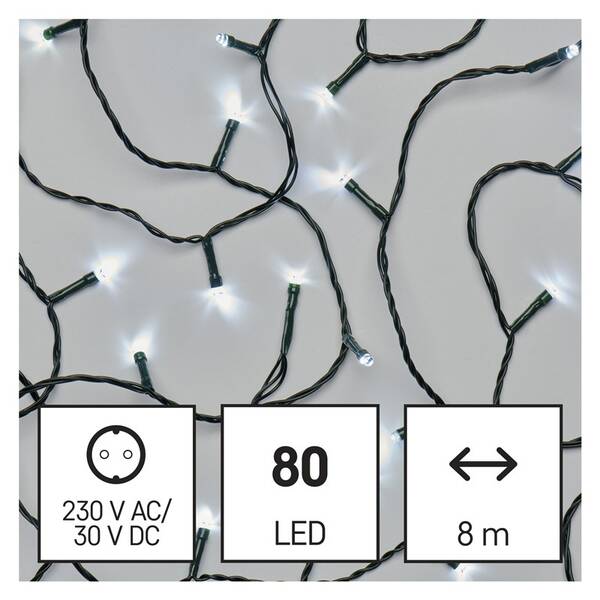 Vánoční osvětlení EMOS 80 LED řetěz, 8 m, venkovní i vnitřní, studená bílá, časovač 

