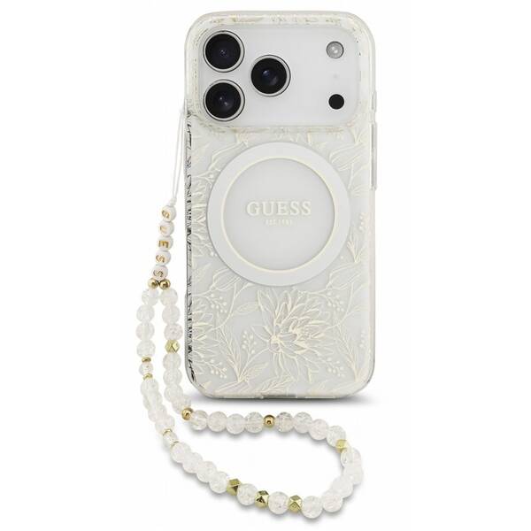 Kryt na mobil Guess IML Flowers Allover Strap MagSafe na Apple iPhone 18 Pro bílý


