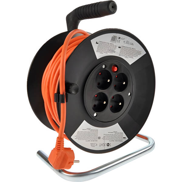 Kabel prodlužovací na bubnu Solight 4 zásuvky, 25m, 3x 1,5mm2 černý/oranžový

