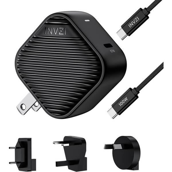 Cestovní adaptér INVZI GaN 67W, 1 port + kabel USB-C černá barva
