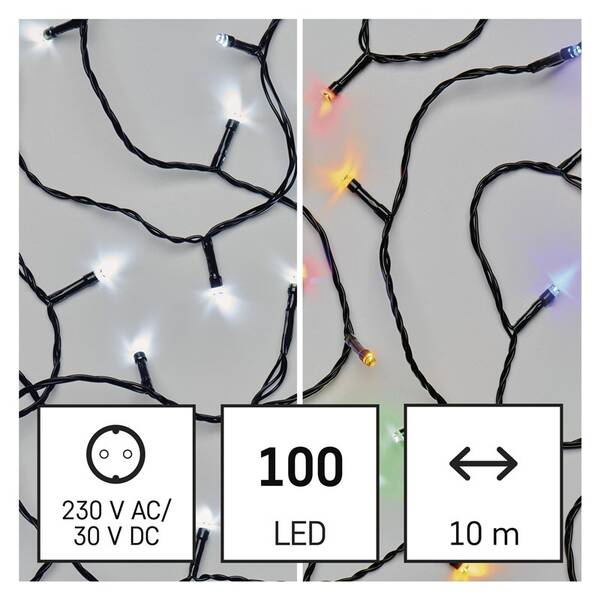 Vánoční osvětlení EMOS 100 LED řetěz 2v1, 10 m, venkovní i vnitřní, studená bílá/multicolor, programy 

