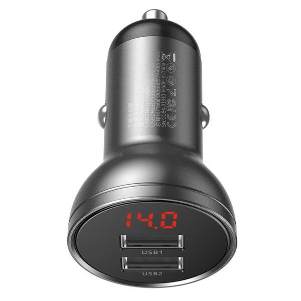 Adaptér do auta Baseus Digital Display Dual 2x USB, 4,8A, 24W šedý

