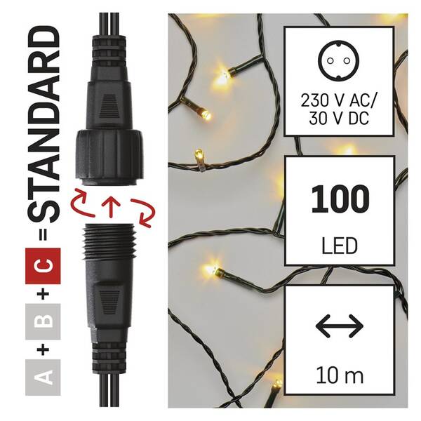 Spojovací řetěz EMOS 100 LED Standard, 10 m, venkovní i vnitřní, teplá bílá, časovač 

