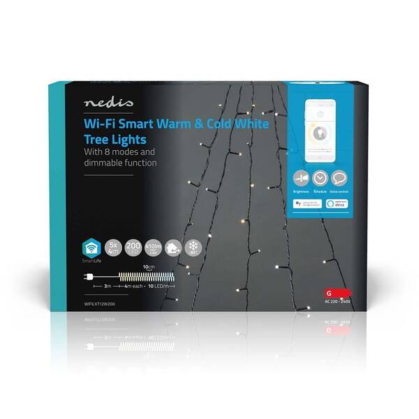 Vánoční osvětlení Nedis SmartLife LED, Wi-Fi, Teplá až studená bílá, 200 LED, 5 x 4 m, Android / IOS 

