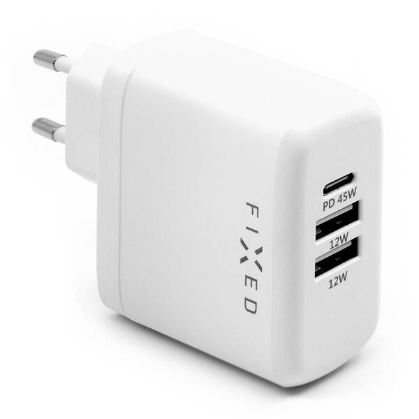 Nabíječka do sítě FIXED USB-C PD, 2x USB 2.0, 45W bílá

