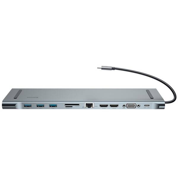 Dokovací stanice Baseus Enjoyment Series USB-C (USB-C PD, 3x USB 3.0, 2x 4K HDMI, VGA, RJ45, 3,5mm Jack, microSD/SD) šedá

